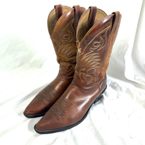 VINTAGE Boulet Cowboy Western Boots Men’s Size 10.5 Brown Leather Pull On Canada - Picture 1 of 12